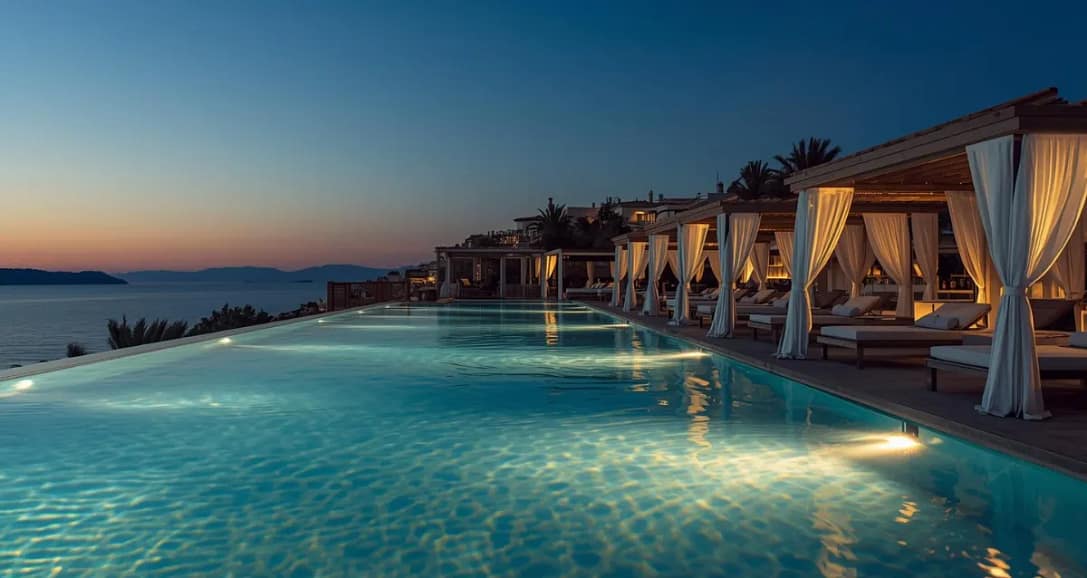 Romantisches Erwachsenenhotel in der Türkei mit beleuchtetem Infinity Pool bei Abendstimmung