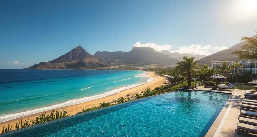 Kanaren Urlaub mit Strand, Hotelanlage, Pool und Vulkanlandschaft