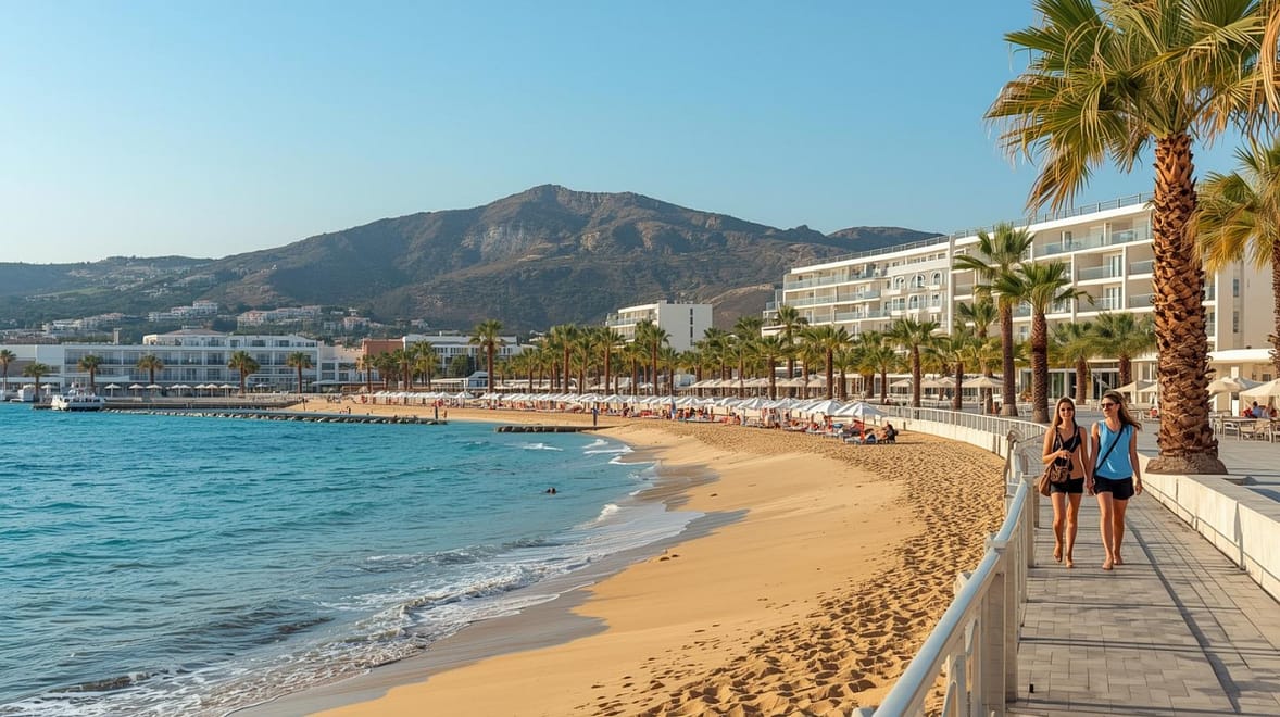 Kardamena auf Kos mit Sandstrand, All-Inclusive-Hotels und Promenade bei Sonnenschein