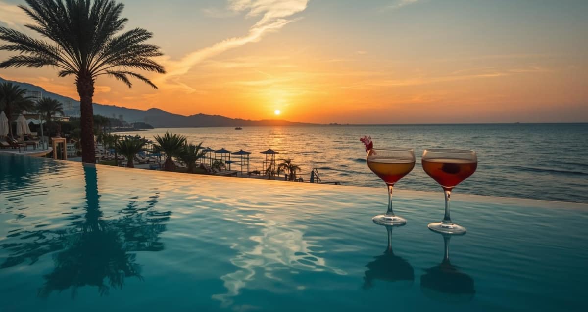 Last Minute Türkei All Inclusive Resort bei Sonnenuntergang in Antalya mit Pool und Strand