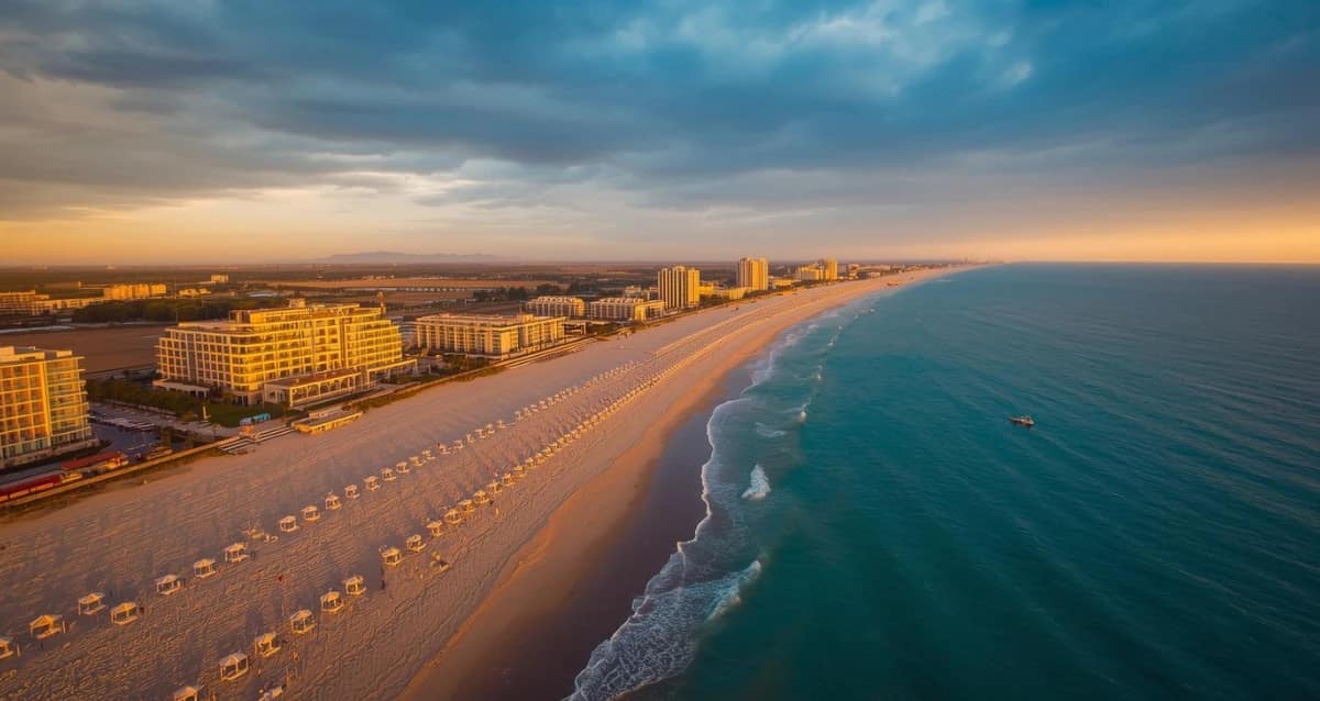 Panorama vom Bulgarien Sonnenstrand bei Sonnenuntergang mit Hotels und Schwarzem Meer