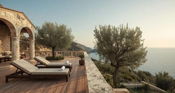 Luxuriöse Terrasse eines Erwachsenenhotels mit Meerblick und mediterraner Natur