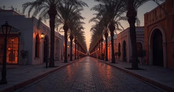 Hurghada Marina am Abend mit bunten Gebäuden und Palmen
