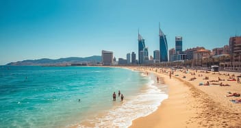 Sommer am Nova Icaria Strand Barcelona mit Skyline