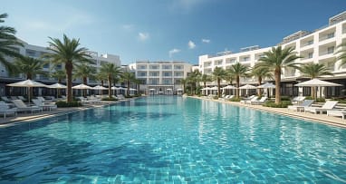 Modernes 5 Sterne Resort mit großer Poolanlage und Palmen am Mittelmeer