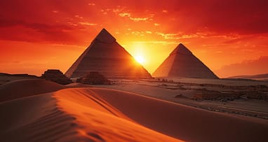 Ägypten Sehenswürdigkeiten – Pyramiden von Gizeh im Sonnenuntergang Ägypten Sehenswürdigkeiten mit Pyramiden von Gizeh bei Sonnenuntergang in der Wüste