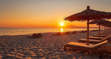Albena Bulgarien Strand Sonnenuntergang mit Liegen am Schwarzen Meer