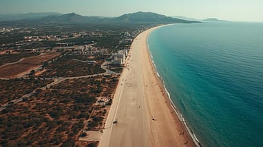 Luftaufnahme vom Oststrand in Side mit weiter Küstenlinie, klarem türkisfarbenem Wasser und naturbelassener Umgebung
