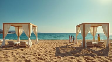 Luxusstrand in Belek mit exklusiven Strandpavillons und türkisblauem Meer – Premium Urlaub in Belek an der türkischen Riviera