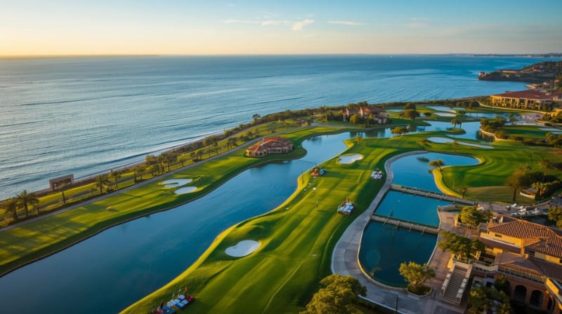 Golfplatz in Belek direkt an der Mittelmeerküste bei Sonnenuntergang – exklusiver Golfurlaub an der türkischen Riviera