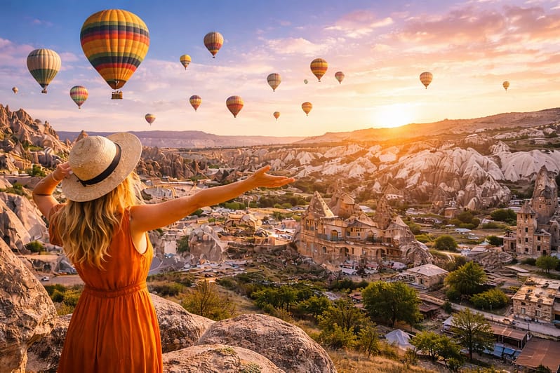 Frau bei Sonnenaufgang in Kappadokien Reisegeier
