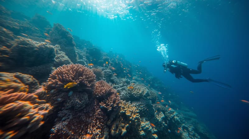 Taucher erkundet ein farbenprächtiges Korallenriff in Sharm el Sheikh im Roten Meer – klares Wasser, tropische Fische und ideales Reiseziel für Tauchurlaub in Ägypten.